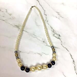 Vintage 23" Beaded Necklace Blue Faux Pearls Graduated Chunky Gold Tone Spacers